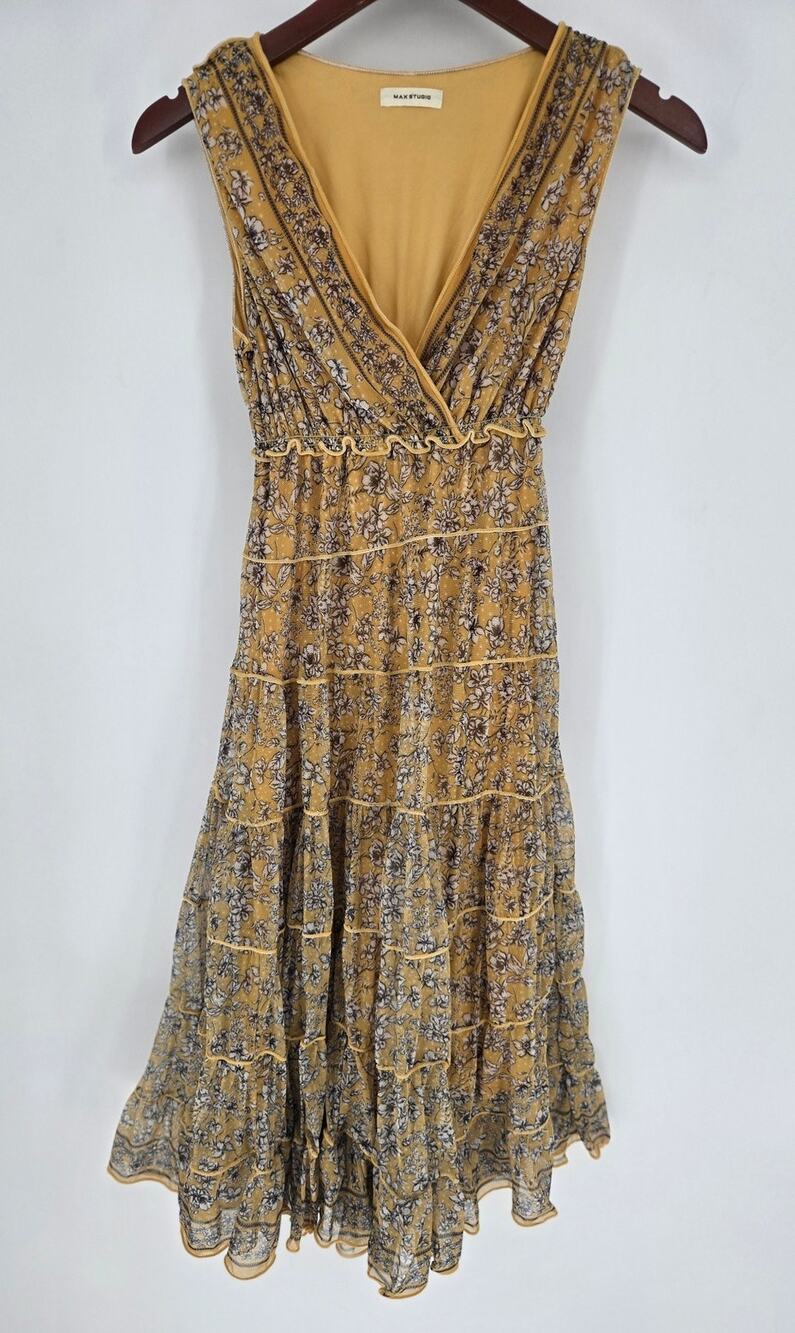 Max Studio Yellow Floral Layered Flowy Midi Dress Measures as Small
